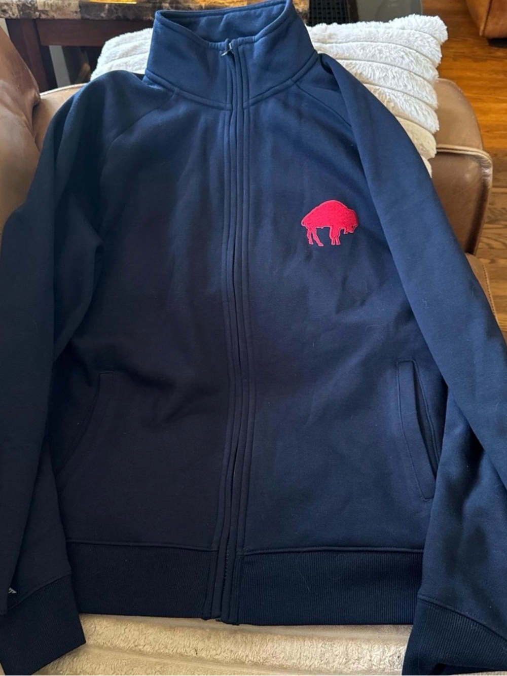 Womens Navy Zip-Up Jacket with Red Buffalo Logo